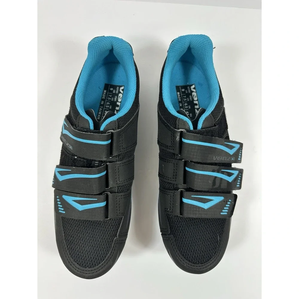 Venzo Cycling Shoes Womens 9 Mens 7.5 Black  Mesh Turquoise Blue W/Cleats 3 Bolt